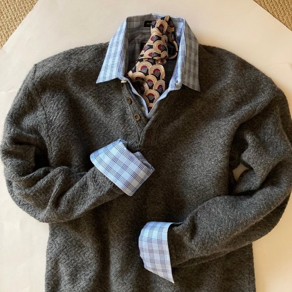 VTG Henry Grethel Herringbone Knit Wool Blend Relax Fit Grey Pullover M 4-Button - Picture 1 of 16
